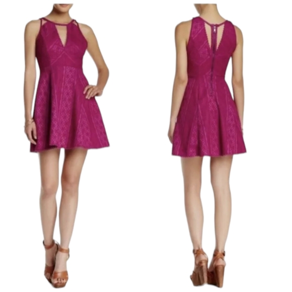 Free People Missed Connections Fit and Flare Mini Dress Fuchsia Crochet Lace 8 - Picture 1 of 7